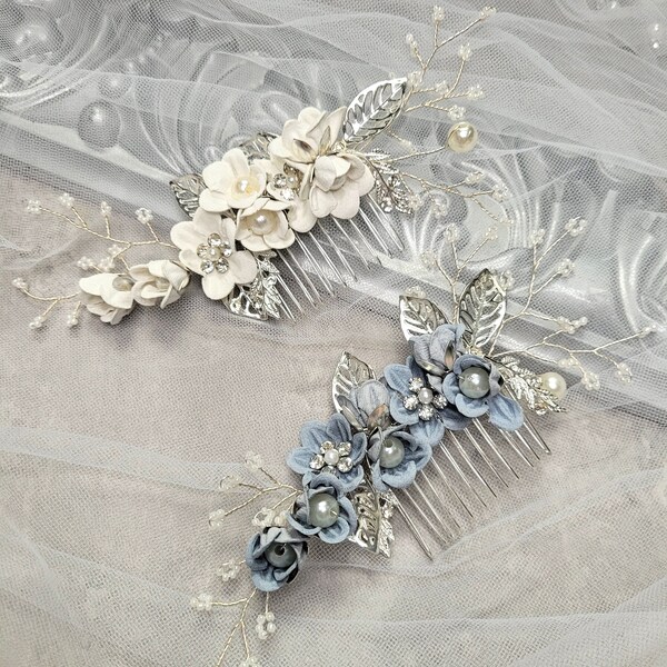 Bridal Hairpiece Flower floral with hair comb mother of Bride headpiece Handmade Wedding gift dusty blue white silver Timeless
