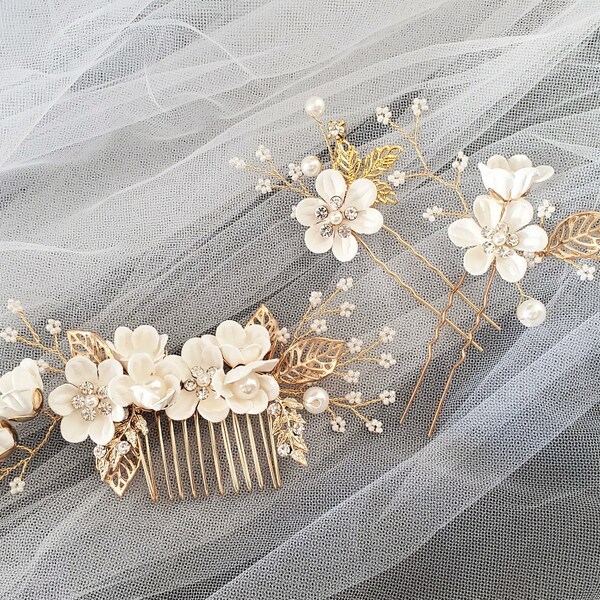 3pcs Set Bridal headpiece Hairpiece gold comb pin feminine white Flower floral leaf Maid of Honor Bride Hair Jewelry Beach Wedding gift