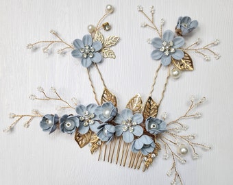 3pcs Bridal Hairpiece comb something Blue Flower floral leaf bridesmaid mother of Bride ceremony headpiece clip Beach Wedding gift