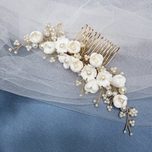 Bridal Ceramic and pearls haircomb large Headpiece Flower gold white sophisticated elegant Bride romance veil Hairpiece Wedding Gift
