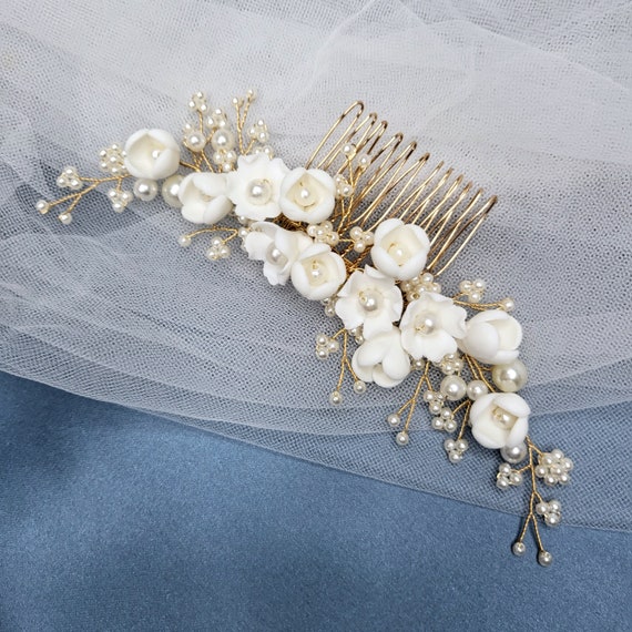 Elegant Gold and White Hair Comb hair piece elegant pearl flowers Amazon.com : Brihasory Bride Wedding Hair Comb White Flower  main image 3