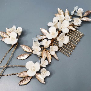 3pcs White Flower Bridal Headpiece Gold Comb Pin Amazon.com : PRETTYLIFE White Flower Hair Comb 3pcs Bridal  main image 2