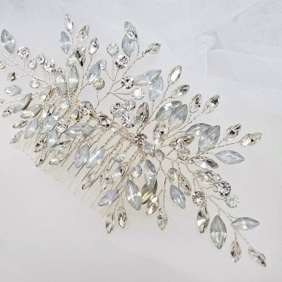 Pair of mix Opal & Crystal Comb silver Hair Comb bridal Hairpiece headpiece 2 Pcs Rhinestone Silver Wedding Hair Comb Set - Bridal Side  main image 4