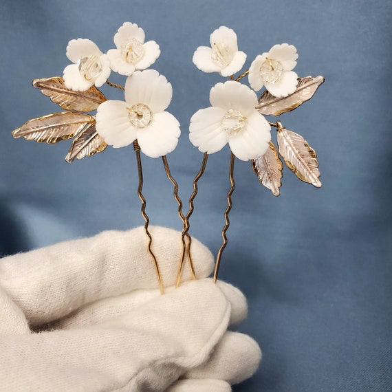 3pcs Set Bridal headpiece Hairpiece gold comb floral feminine white Flower metal 3pcs Set Bridal Headpiece Hairpiece Gold Comb Floral  main image 4