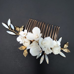 Bridal romantic white Ceramic Floral opal teal crystal stone gold hair comb headpiece flower Bride Handmade Hairpiece Feminine wedding Gift