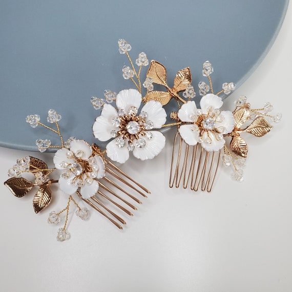 Etsy EnjoyLuv  gold metal floral Hair pieces Bridal Veil Comb Clip Ceramic Headpiece Metal Leaf White  main image 3