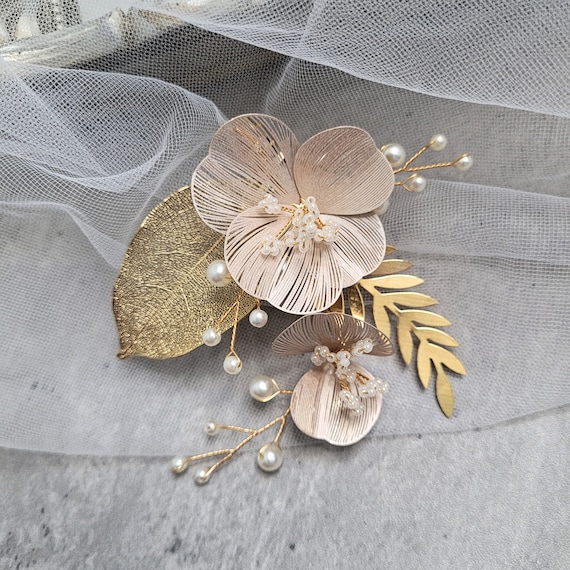 Rose gold petal floral Bridal metallic metal headpiece Alligator clip Flower vintage side hairpiece rehearsal mother of Bride haircomb event