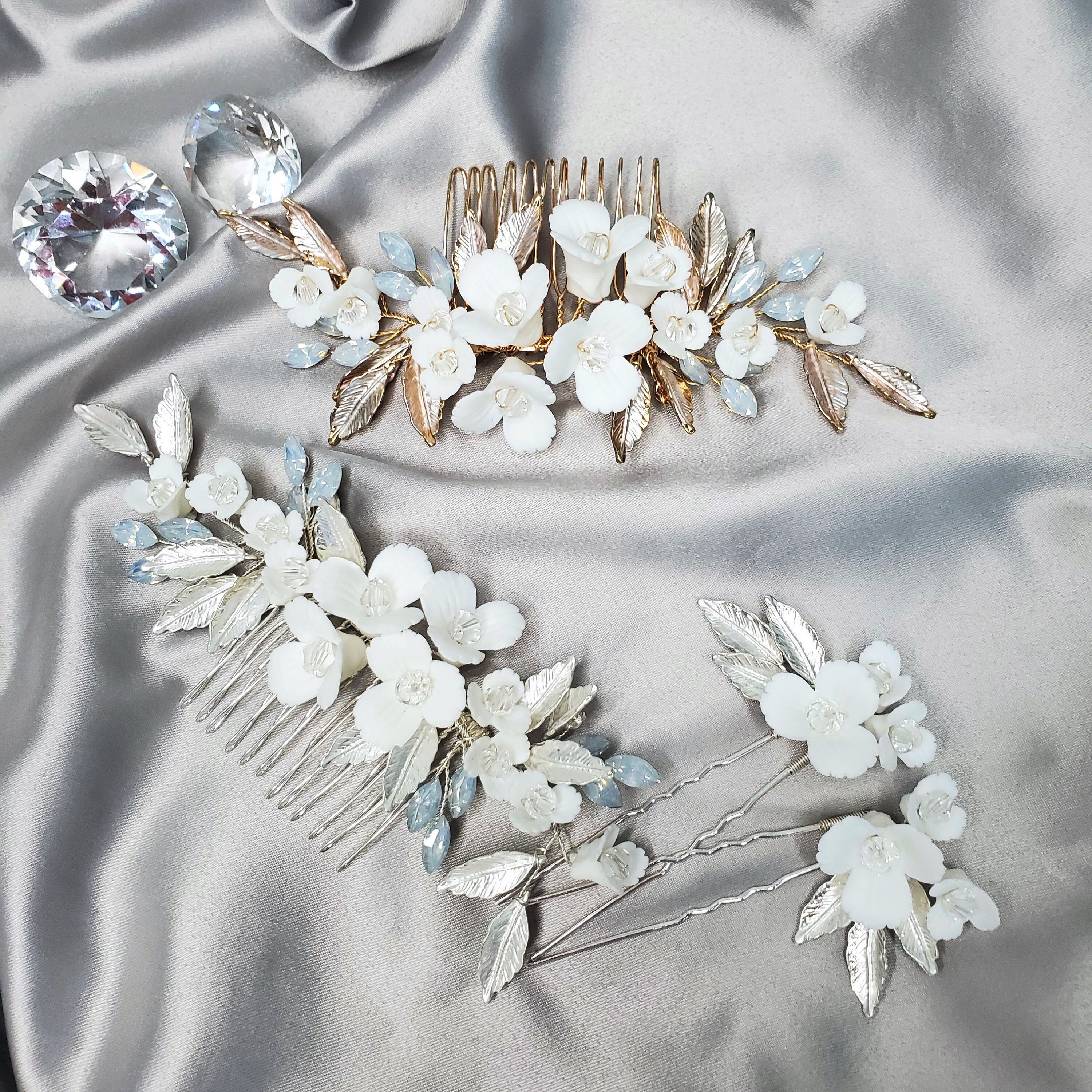 3pcs Set Bridal Headpiece Hairpiece Gold Comb Floral 