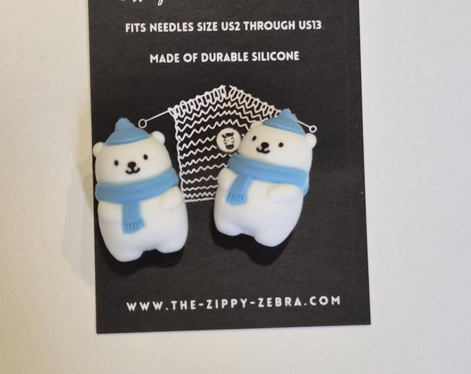 Adorable Knitting Needle Point Protectors Polar Bears with Hats and Scarves