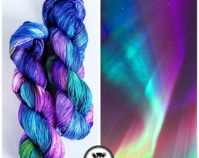 Hand Dyed Yarn: Northern Lights                     Available in Silk, Baby Alpaca, Linen blend (Wool Free)