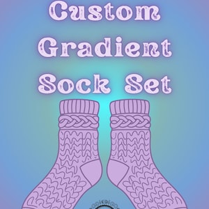 May include: A pair of light purple knit socks featuring a textured cable pattern and ribbed cuffs, displayed against a blue and purple gradient background with the text Custom Gradient Sock Set and a small circular zebra logo.