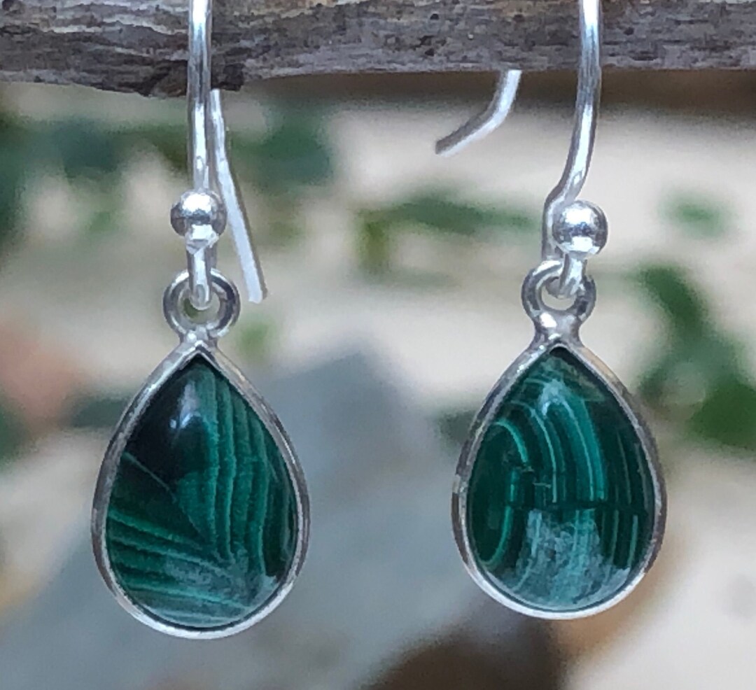 Malachite Sterling Silver Earrings, Silver Teardrop Earrings, Natural