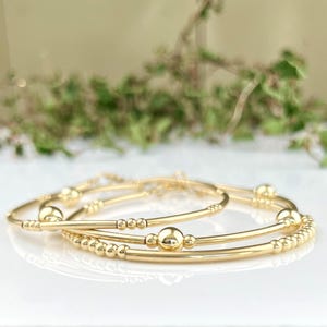 Gold Bangle Set, 3 x 14k gf Stacking Bracelets, Layering Stress Relief Gift for Girlfriend, Healing Beaded Empath Present for Wife Daughter