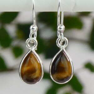 Tigers Eye Dangle Earrings, Sterling Silver Jewelry Gift for Mother, 925 Gemstone Drops, Natural Crystal Empath Present for Girlfriend, Mom