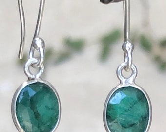 Raw Emerald Silver Earrings, Green Earrings, Dangle Emerald Earrings, Sterling Silver and Emerald Earrings
