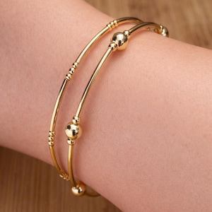 Gold Bangle Set, Pair 14k Stacking Bracelets, Layering Bead Anxiety Relief Gift for Girlfriend, Healing Anniversary Empath Present for Wife