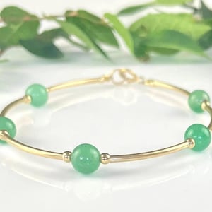 Green Jade & 14k Gold Healing Crystal Bracelet - Dainty Beaded Jewelry for 24/7 Wear