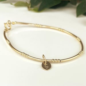 Custom Gold Bracelet, Monogram Initial Jewelry, Personalized Stamped Disc Bangle, Anniversary Gift for Girlfriend, Birthday Present for Mom