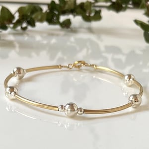 シルバー 2バングルセット、ペア 14k ビーズ レイヤードブレスレット