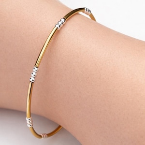 14k Gold and Sterling Silver Bead Bangle, Minimalist Stacking Bracelet Jewelry Gift