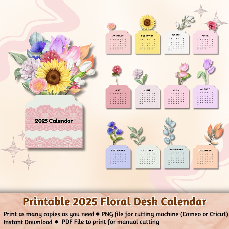 Printable Flowers 2025 Desk Calendar, Printable Calendar, Desk Calendar