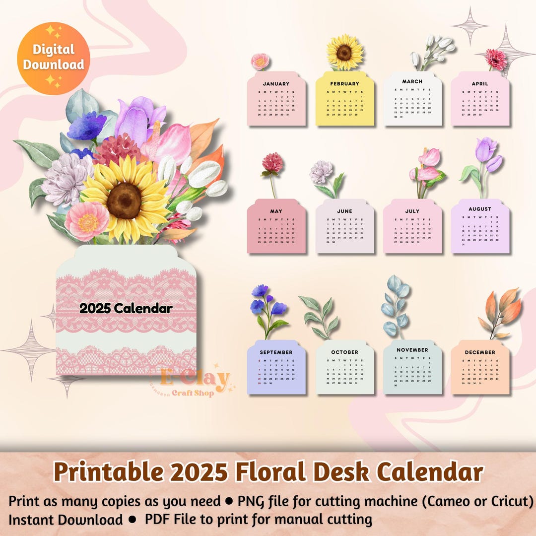 Printable Flowers 2025 Desk Calendar, Printable Calendar, Desk Calendar
