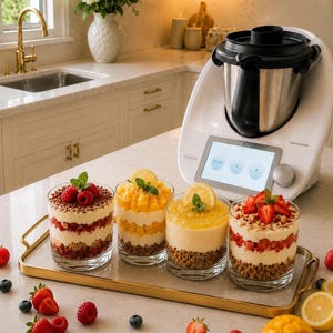 Peut inclure: Un robot culinaire Thermomix blanc avec écran numérique est placé à côté d'un plateau à bordure dorée contenant quatre verres remplis de desserts aux fruits en couches, avec framboises, mangue et fraises, garnis de menthe et de citron.