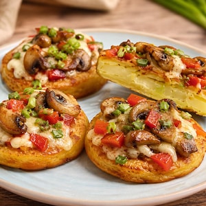Könnte beinhalten: Vier runde Kartoffelpuffer, belegt mit geschmolzenem weißem Käse, gebratenen braunen Champignons, gewürfelten roten Paprikaschoten und gehackten Frühlingszwiebeln. Ein Puffer ist halbiert und zeigt dünne, geschichtete Kartoffelscheiben im Inneren.