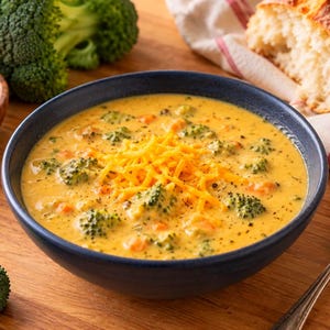 Puede incluir: Un cuenco azul oscuro lleno de sopa cremosa de brócoli y queso cheddar, cubierto con queso cheddar naranja rallado. La sopa contiene floretes de brócoli verdes visibles y pequeños trozos de zanahoria naranja, sazonados con pimienta negra.