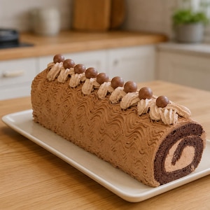 Può includere: Un rotolo al cioccolato su un piatto rettangolare bianco. Il dolce presenta un pan di spagna al cioccolato fondente arrotolato con una farcitura di crema marrone chiaro, ricoperto da una glassa ondulata e piccole sfere di cioccolato.