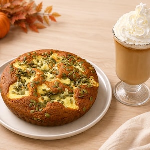 Peut inclure: Un gâteau à la citrouille rond garni de graines de courge vertes sur une assiette blanche, accompagné d'une tasse en verre remplie d'une boisson brun clair surmontée d'une généreuse volute de crème fouettée blanche, sur une surface en bois clair.