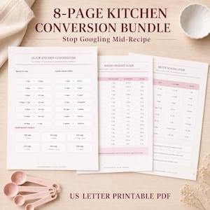 Peut inclure: Un ensemble de conversion de cuisine de 8 pages imprimé sur papier format lettre US. Les documents présentent des tableaux de conversions rapides, un guide de poids de cuisson et un guide de mise à l'échelle des recettes en rouge foncé.