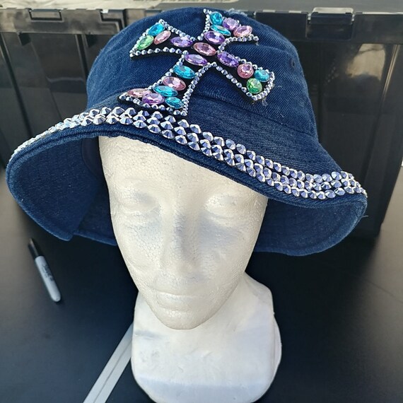 Cute Distressed Denim Bucket Hat With Rhinestones - Etsy display picture 3