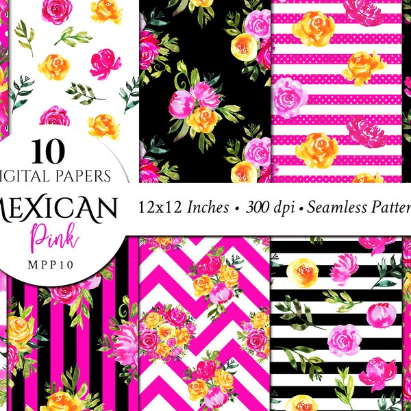 Digital Papers/Mexican Pink/Flowers/Yellow/fuchsia/Roses/Seamless/Floral/Greenery/Backdrop/Patterns/clipart/Watercolor/Commercial License