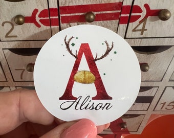 24 Personalised Christmas stickers, Christmas Labels, Christmas Gift Labels red antler Reindeer
