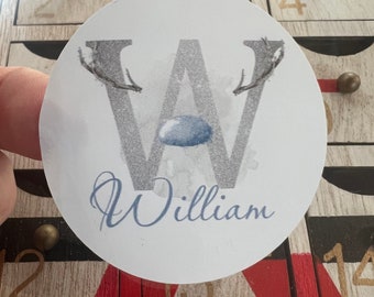 24 Personalised custom Letter Alphabet Christmas Stickers silver & blue reindeer inspired