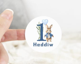 24 een vandaag konijnenstickers, verjaardagslabels, elke leeftijd, konijn ronde glanzende waterdichte stickervel 4,5 cm blauw konijn jongen Welsh Heddiw
