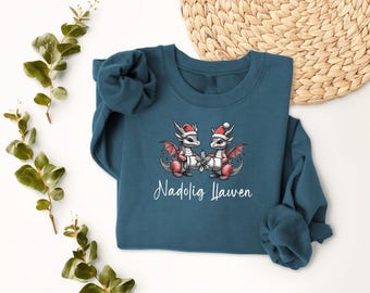 Nadolig Llawen Welsh Unisex Dusty Green dragon Jumper Choice of Colours