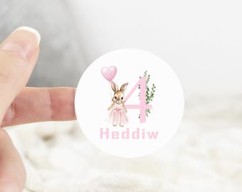 24 een vandaag konijnenstickers, verjaardagslabels, elke leeftijd, konijn ronde glanzende waterdichte stickervel 4,5 cm blauw konijn Pink Welsh Heddiw