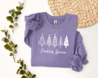Nadolig Llawen Welsh Unisex Violet Christmas Tree Jumper Choice of Colours