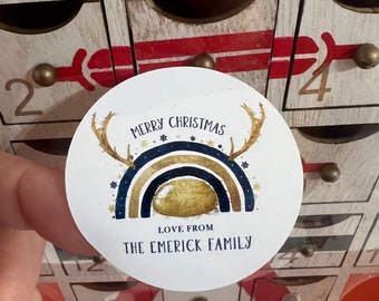 24 Christmas stickers, Christmas Labels, Christmas Gift Labels Family rainbow antlers reindeer blue
