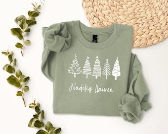 Nadolig Llawen Welsh Unisex Dusty Green Christmas Tree Jumper Choice of Colours