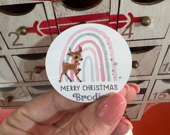 24 Personalised Christmas stickers, Christmas Labels, Christmas Gift Labels rainbow pink reindeer inspired