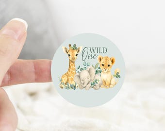 24 Wild Safari-stickers, verjaardagsstickers, leeftijdsstickers 4,5 cm ronde glanzende waterdichte velstickers Giraffe Leeuw Olifant