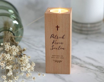 Candela da tè personalizzata in legno per battesimo - Foglia
