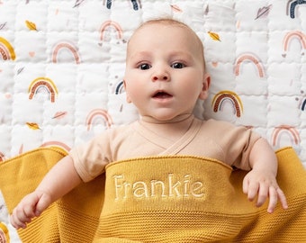 Coperta per neonati in maglia di cotone personalizzata senape