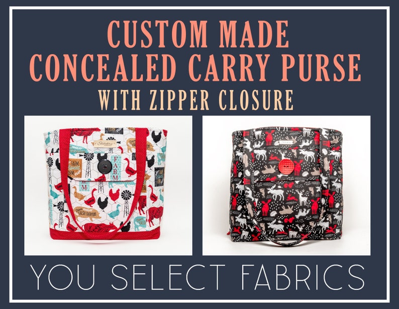 Custom Made Concealed Carry Purse Tote Bag with Zipper Closure
