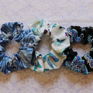 Brocade and Japanese Waves Inspired Scrunchie Pack of 3, Multicolored Fabric Shimmery Scrunchies, Asian Fabric Inspired Scrunchies