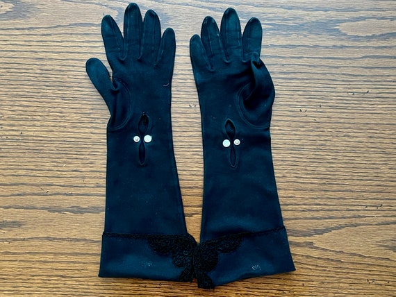 Vintage Gloves Ladies Black Cotton 8 Button or 3/… - image 5