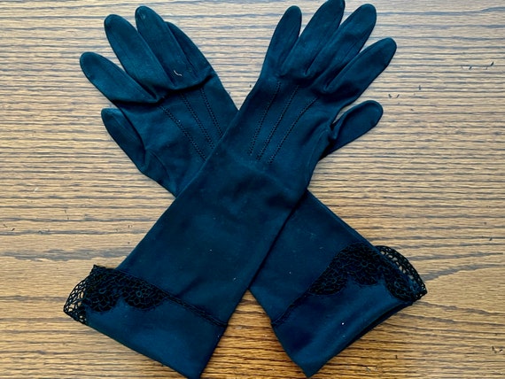 Vintage Gloves Ladies Black Cotton 8 Button or 3/… - image 4